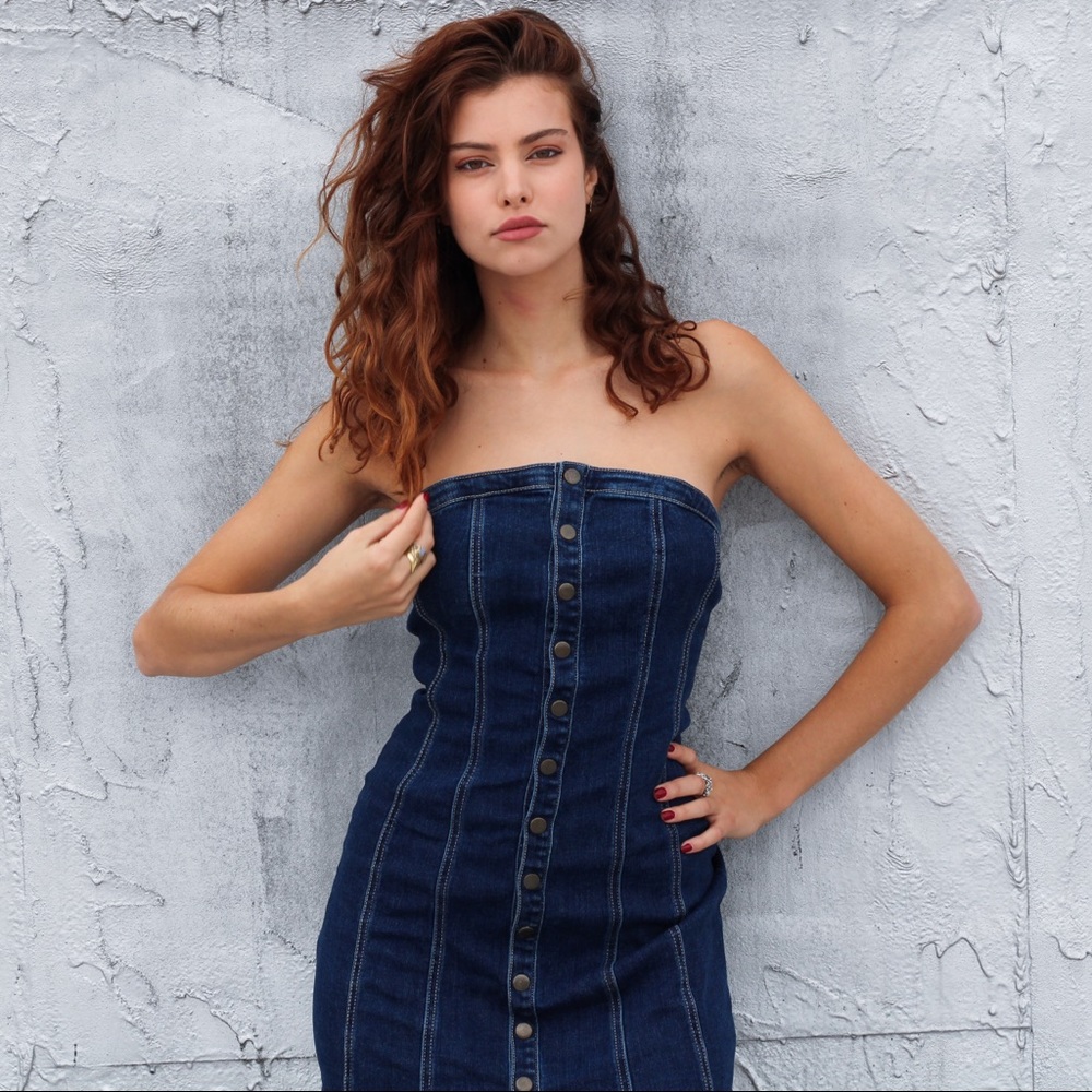 urban outfitters denim strapless dress